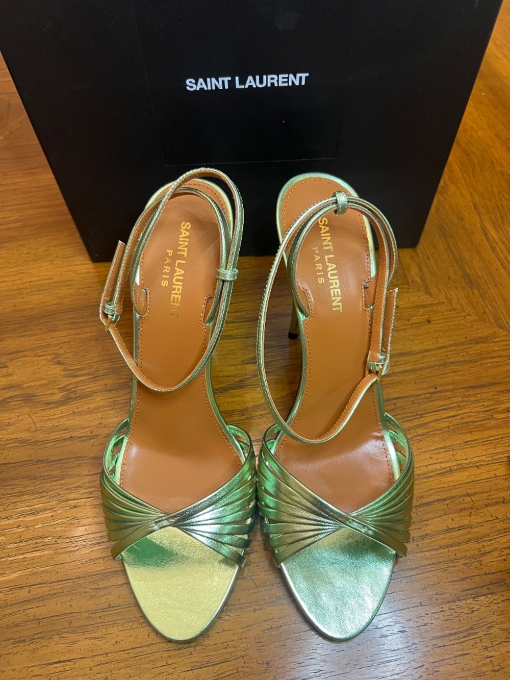 YSL Saint Laurent Green Metallic Tina 100 Sandals Size 40